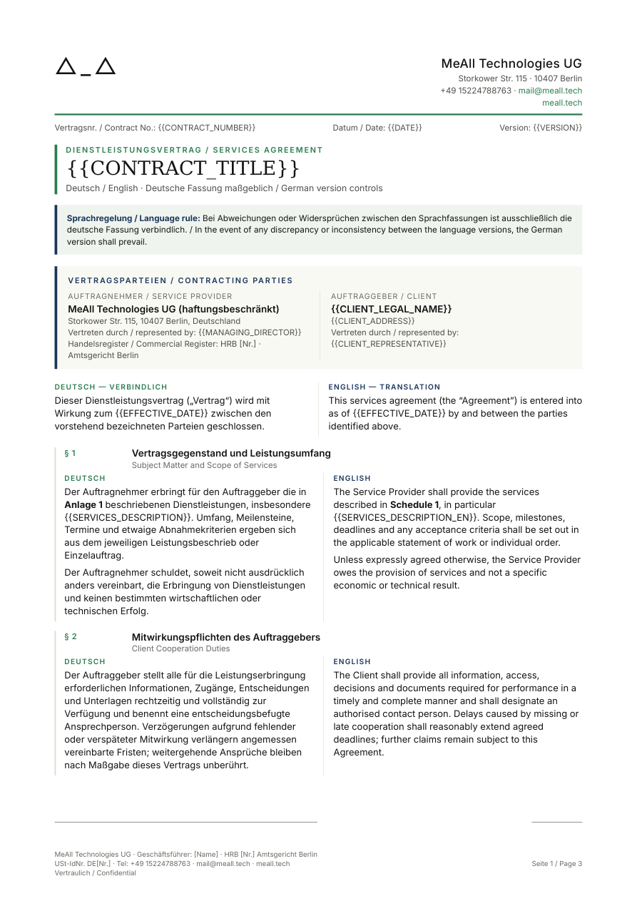 Bilingual services agreement page 1